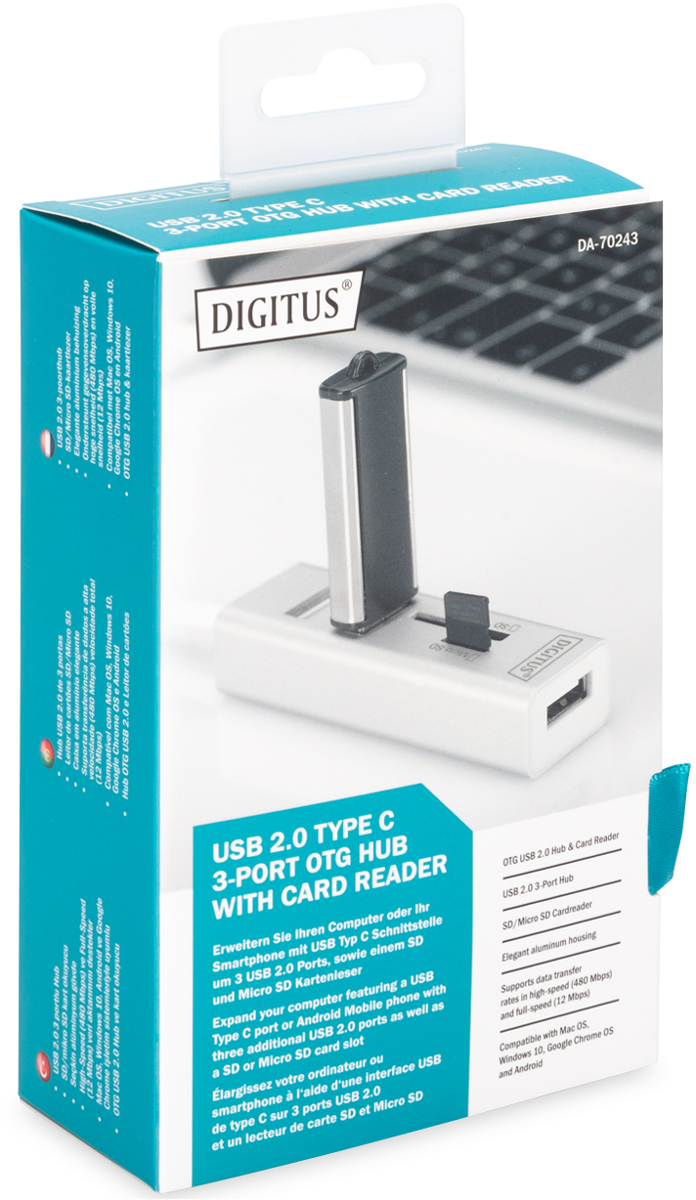 Verpackung für einen USB-C-Hub mit Kartenleser, zeigt das Produkt und Laptop.
