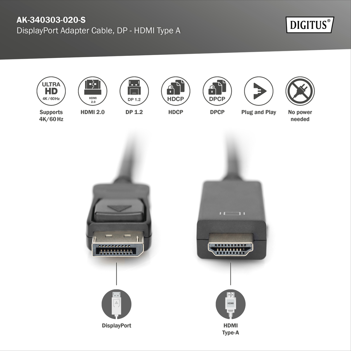 DisplayPort-zu-HDMI-Adapterkabel mit Anschlüssen und Symbolen für 4K 60Hz.