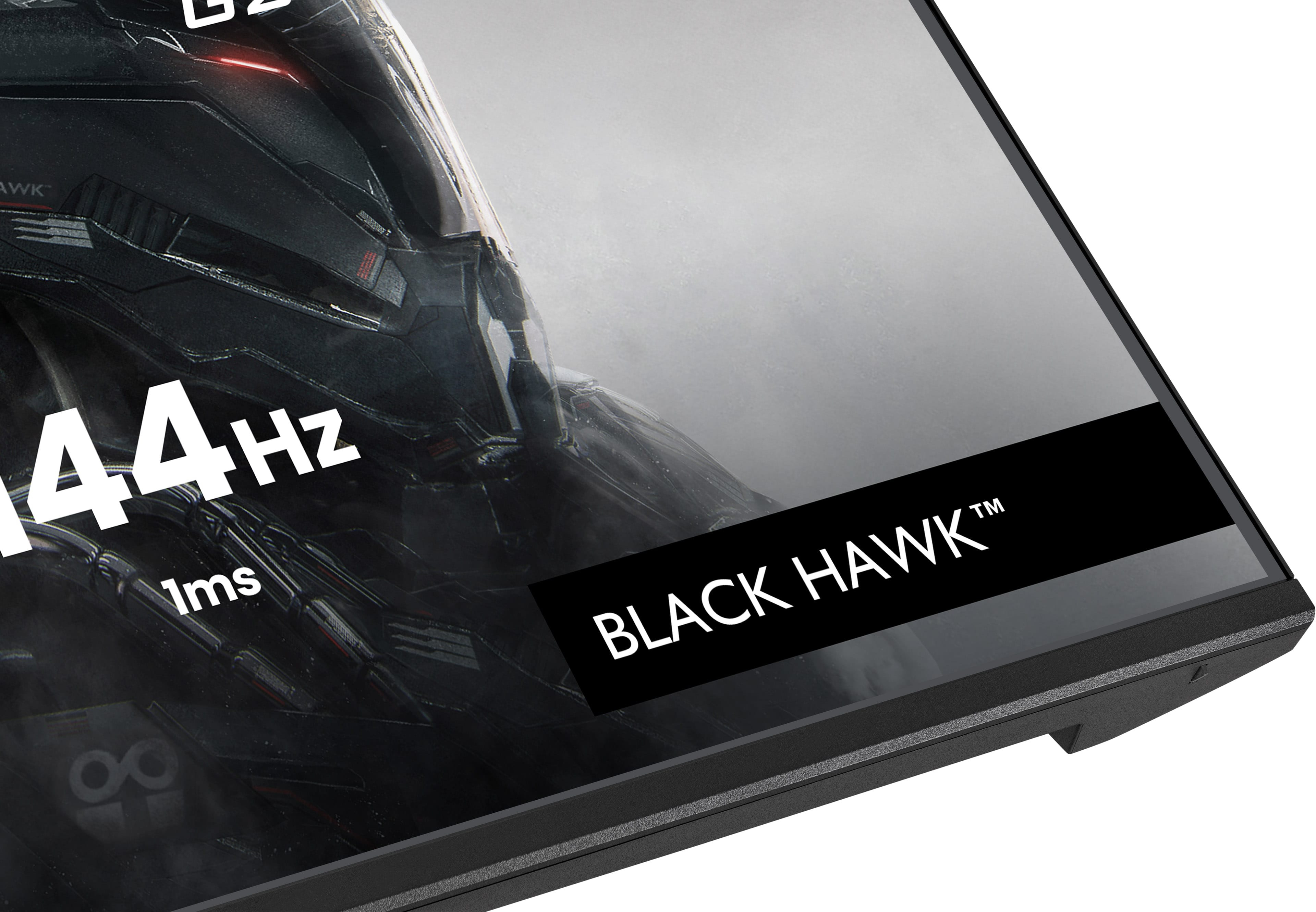 Zbliżenie czarnego monitora z napisem 144Hz, 1ms i BLACK HAWK.