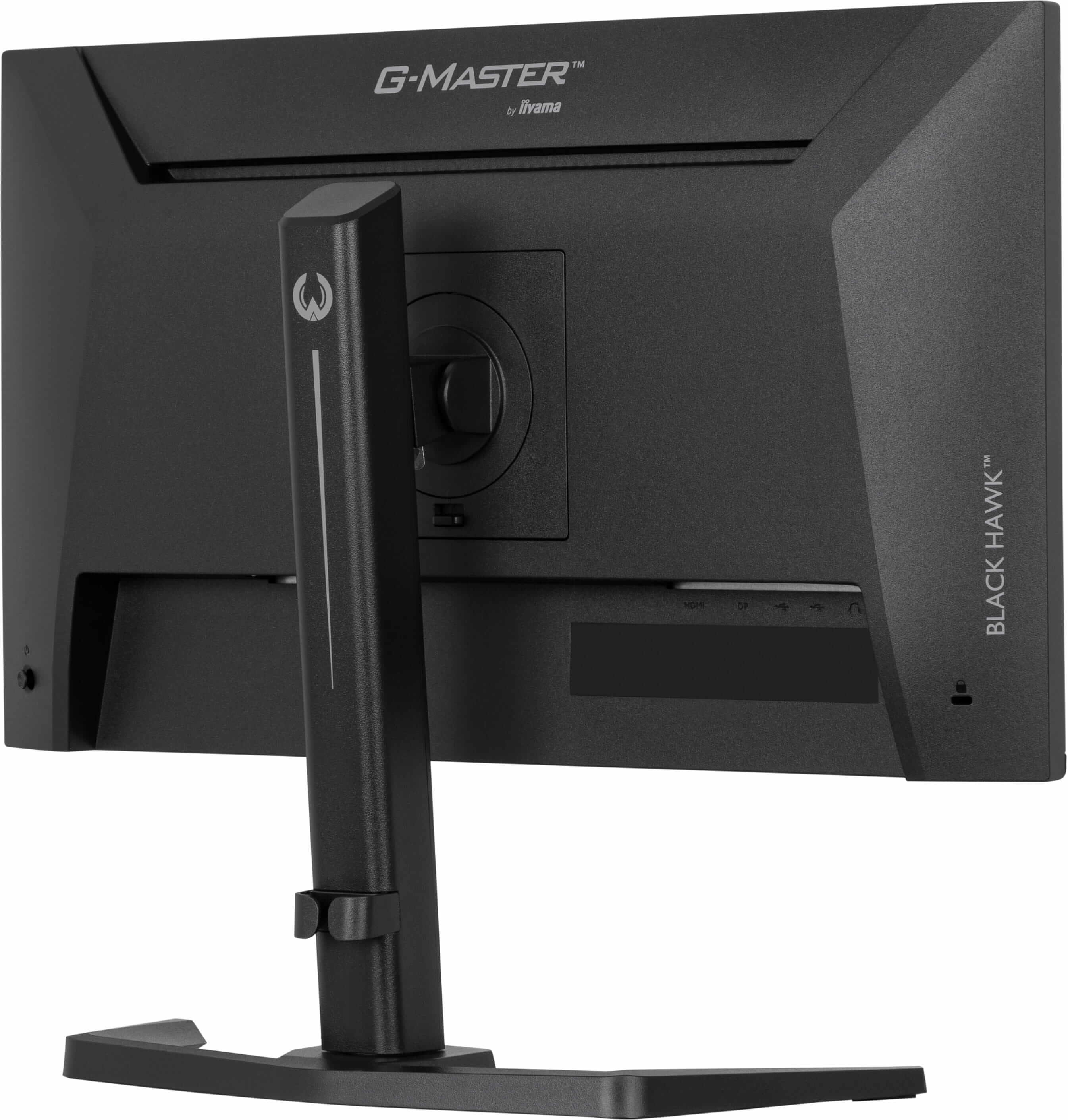 Widok z tyłu czarnego monitora z logo G-MASTER i podstawką.