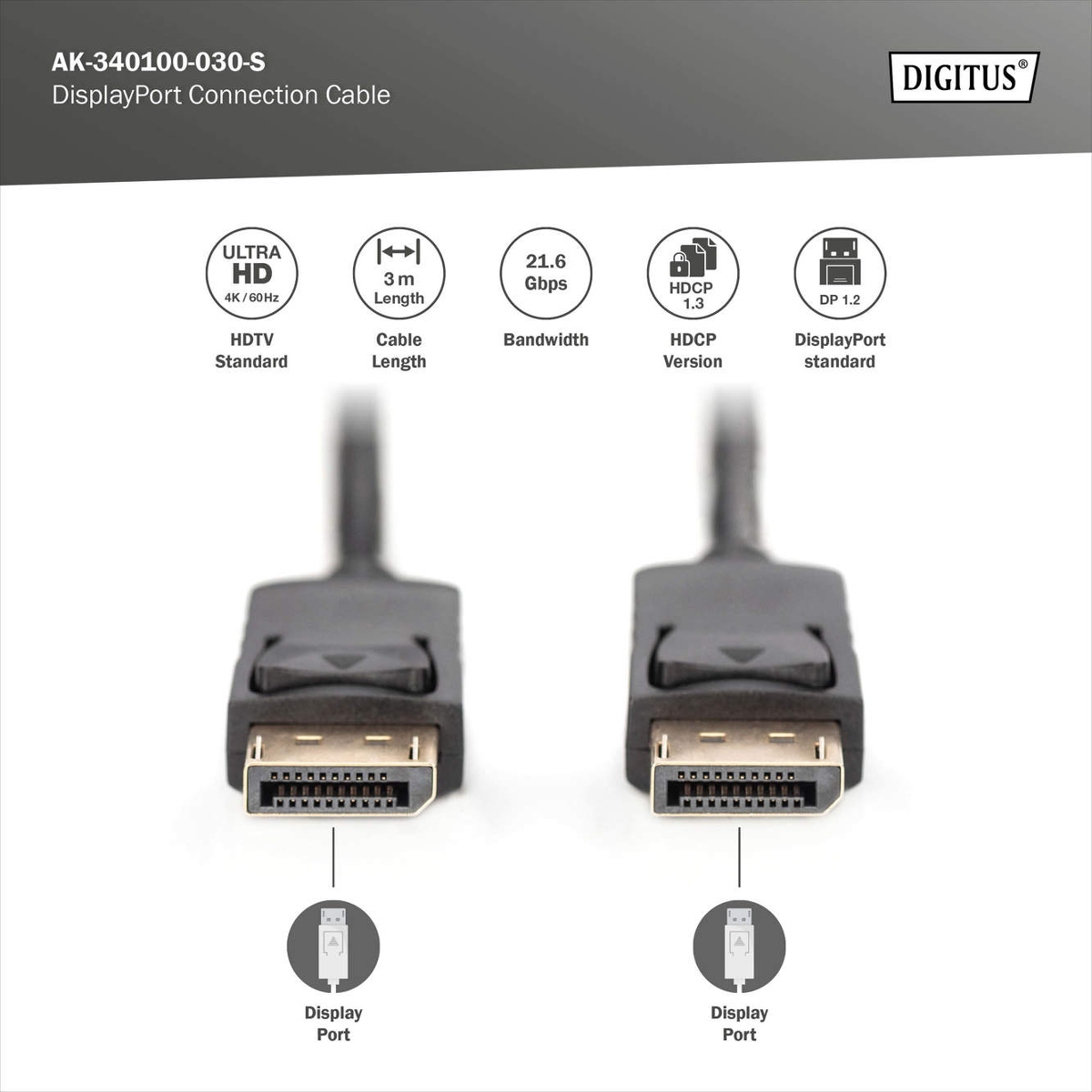 Zwei schwarze DisplayPort-Kabel mit Anschlüssen und Spezifikationen.