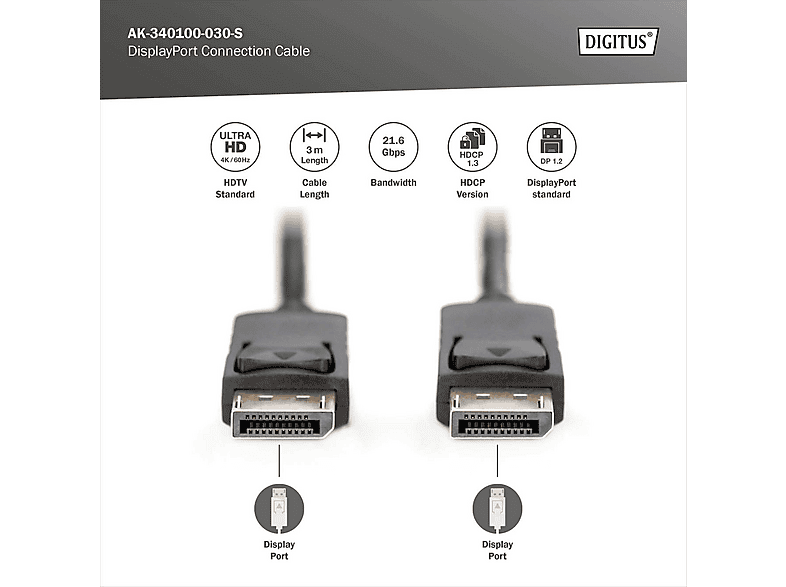 DIGITUS DisplayPort Anschlusskabel, 10 m, Schwarz; DisplayPort Kabel----DisplayPort Kabel — Foto 2 von 3