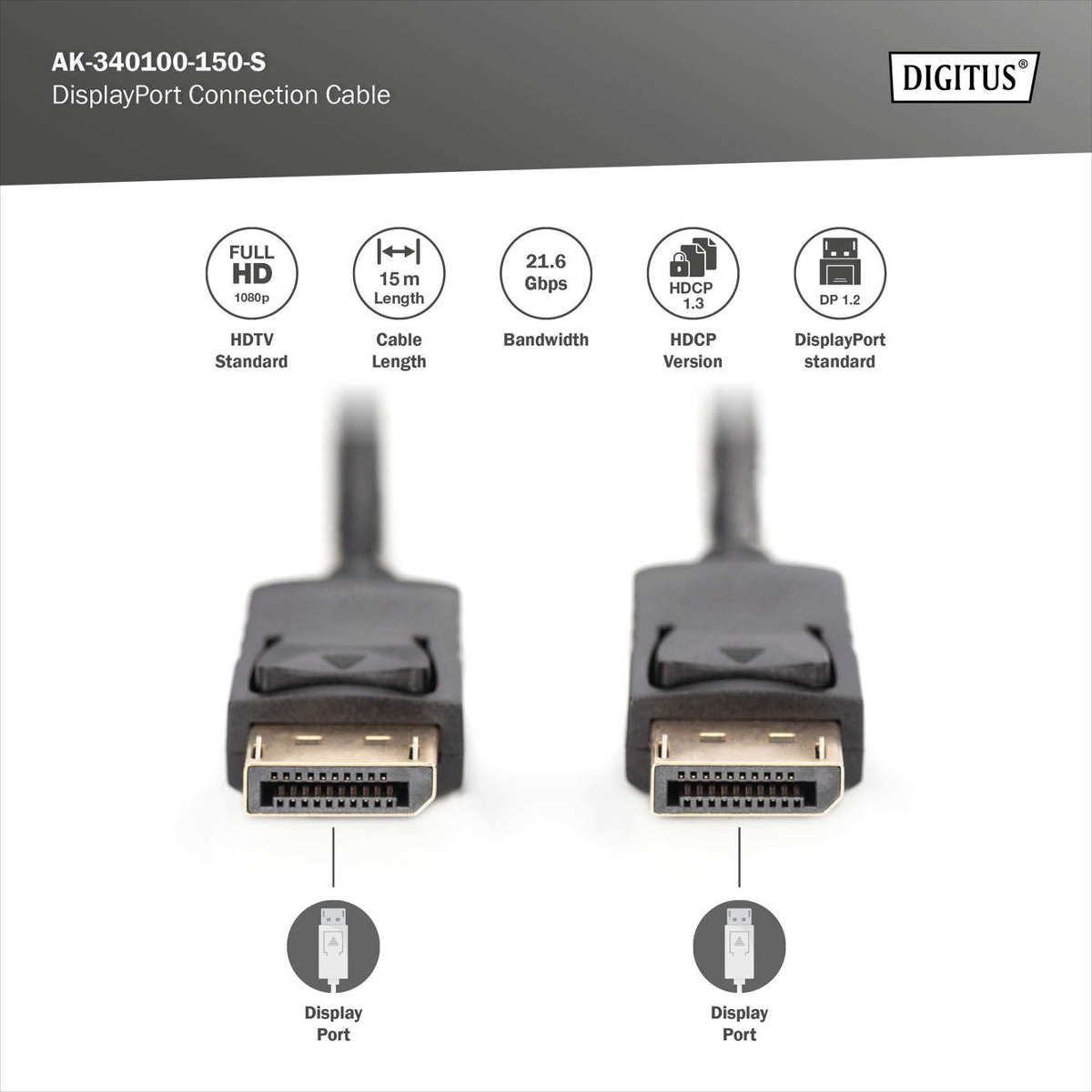 Zwei schwarze DisplayPort-Kabel mit Anschlüssen. Spezifikationen oben.