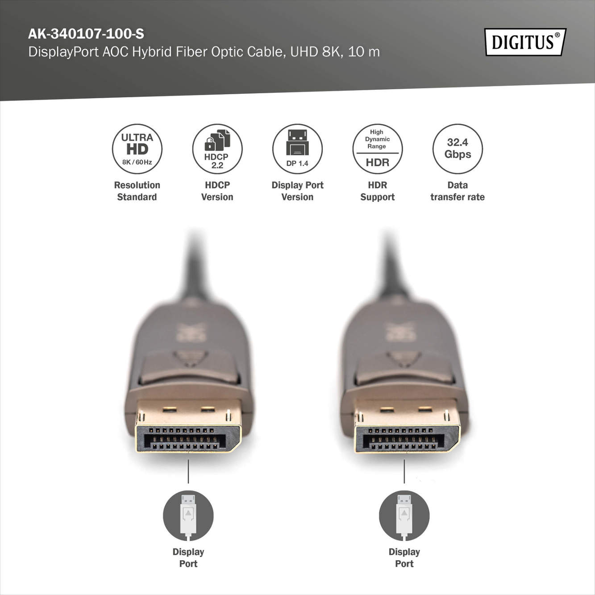 Zwei DisplayPort-Kabel mit Anschlüssen, Spezifikationen aufgeführt.