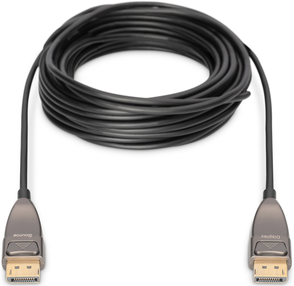 Ein schwarzes DisplayPort-Kabel, aufgerollt, mit "Source"- und "Display"-Anschlüssen.