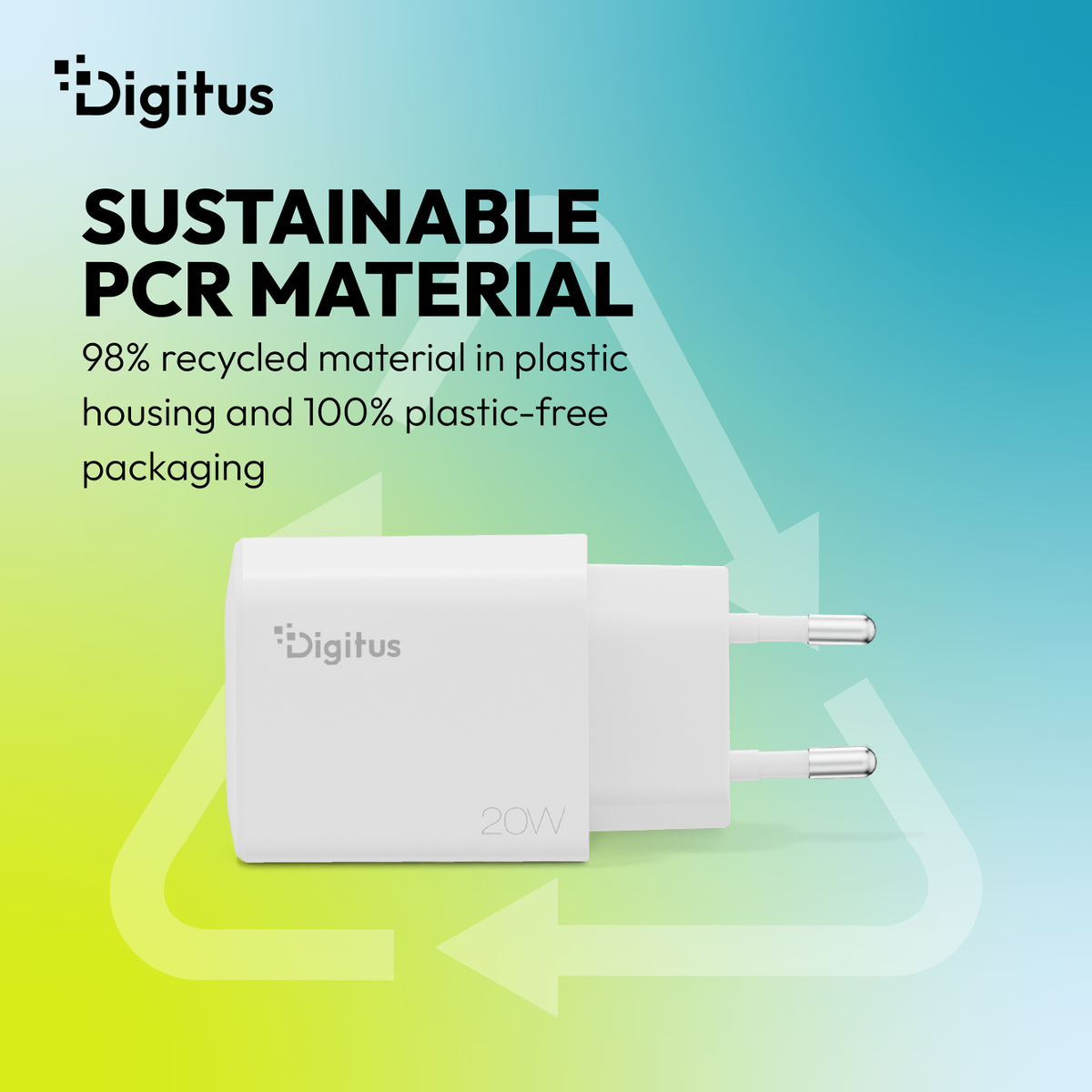 Ein weißer 20W Digitus Ladeadapter aus recyceltem Material.
