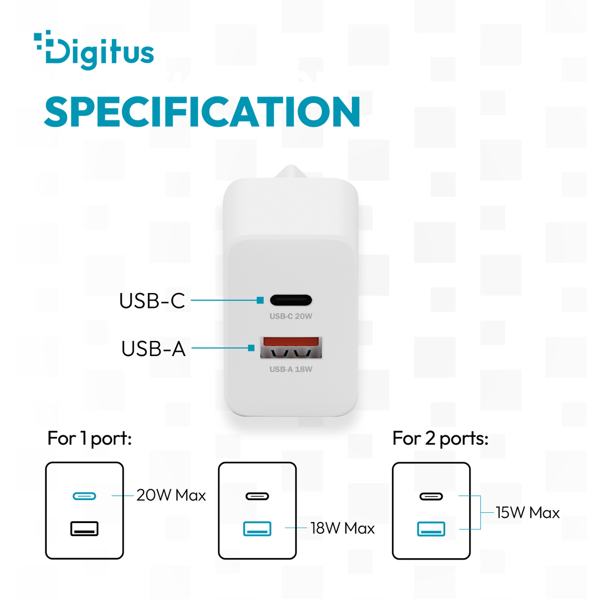 Digitus Ladegerät: USB-C 20W, USB-A 18W. Einzelausgang: 20W/18W. Doppel-Ausgang: 15W.