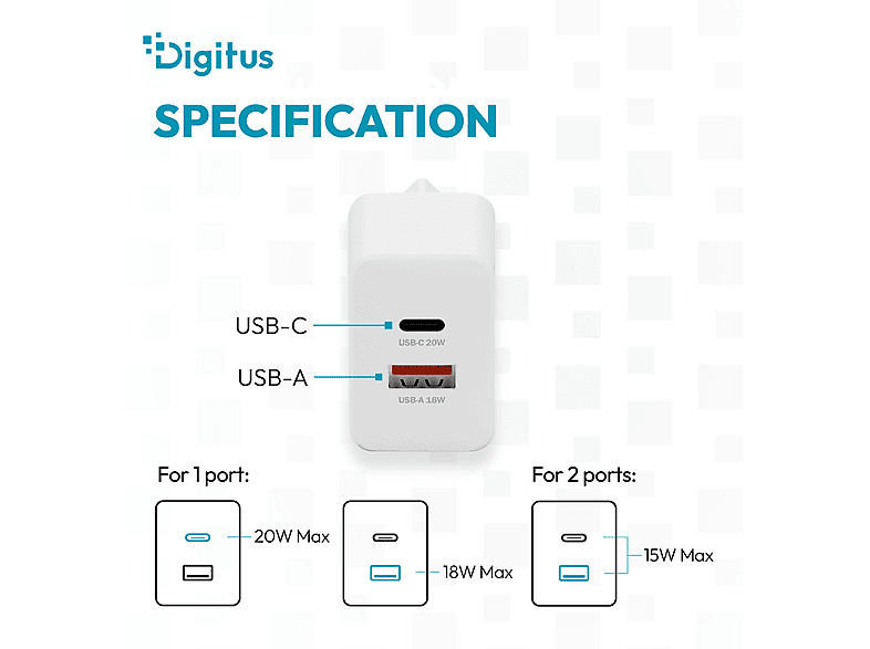 DIGITUS USB-Ladegerät 20W, 1x USB-C, 1x USB-A, Weiß; USB-Ladegerät----USB-Ladegerät — Foto 3 von 5