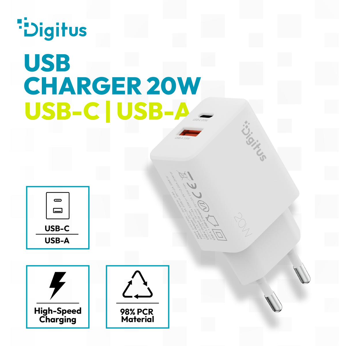 Weißer 20W USB-C/USB-A Ladegerät mit deutschen Steckern, Logos und Symbolen.