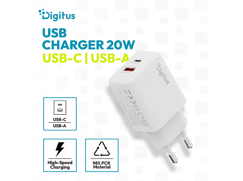 DIGITUS USB-Ladegerät 20W, 1x USB-C, 1x USB-A, Weiß; USB-Ladegerät----USB-Ladegerät — Foto 4 von 5