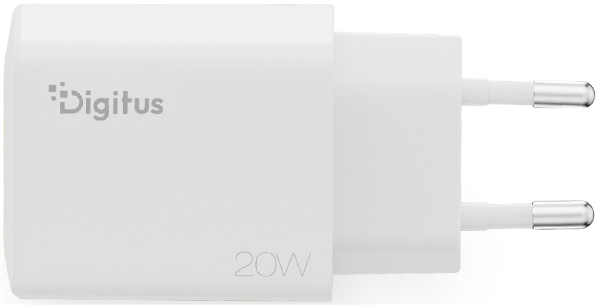 Ein weier 20W Netzstecker von Digitus mit zwei Metallstiften.