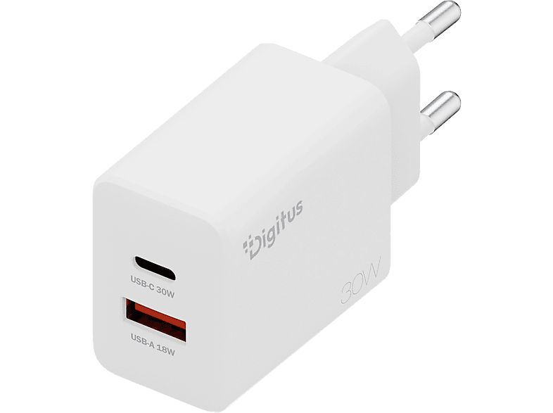 DIGITUS USB-GaN-Ladegerät 30W, 1x USB-C, 1x USB-A, Weiß; USB-Ladegerät----USB-Ladegerät