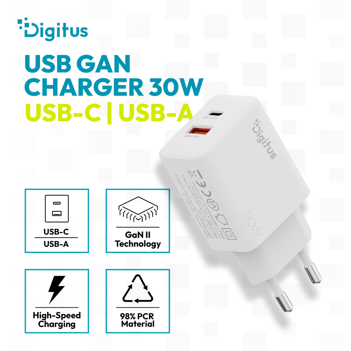 Weier 30W USB-C/USB-A GAN-Ladeger mit Icons fr Anschlsse, GAN II, Schnellladen, Recycling.