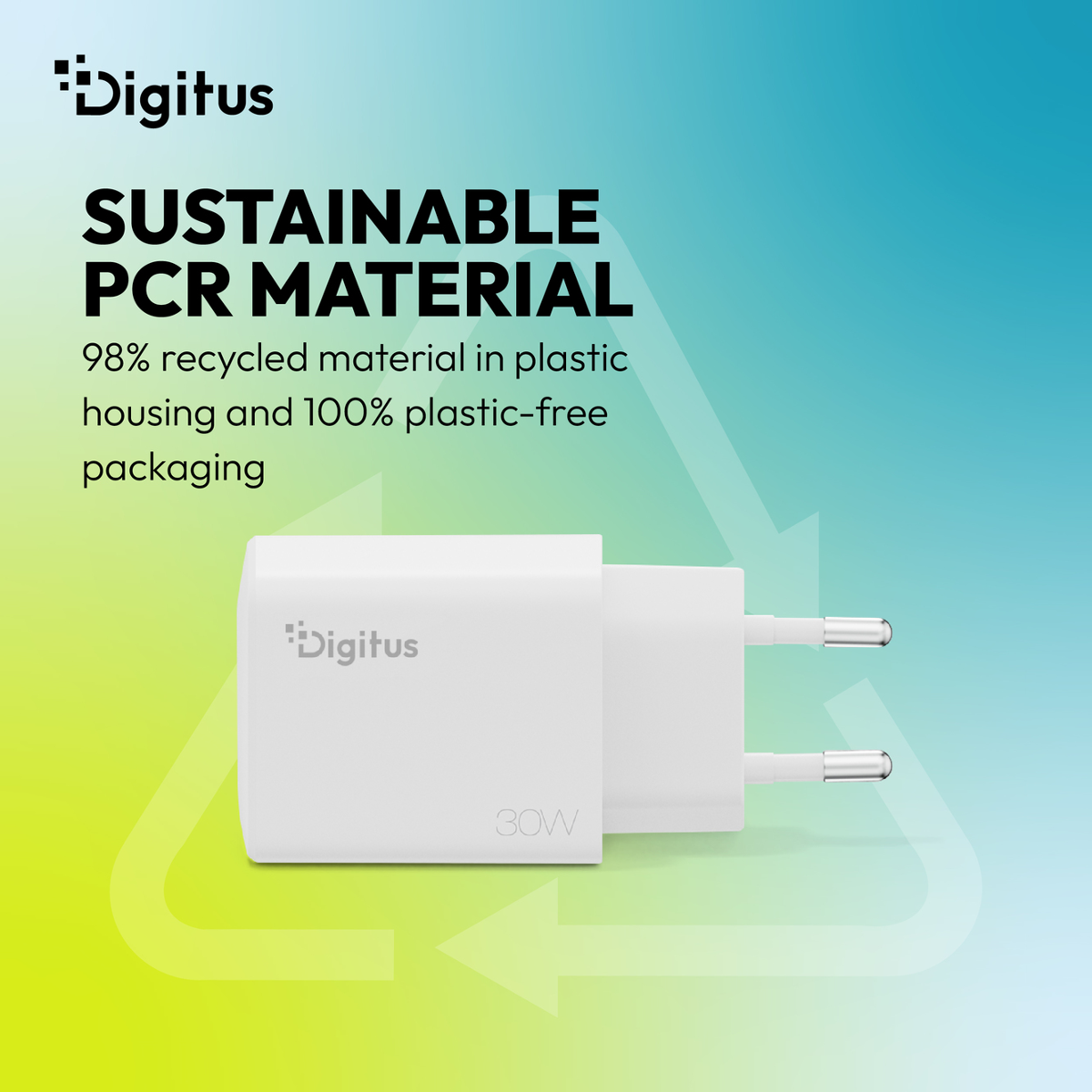 Ein weißer Digitus 30W Ladestecker mit dem Logo und Text über nachhaltiges PCR-Material.