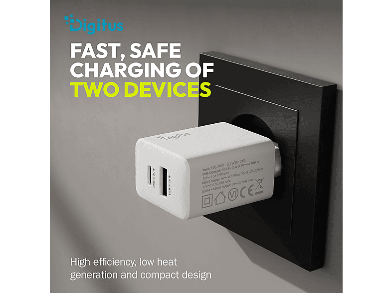 DIGITUS USB-GaN-Ladegerät 30W, 1x USB-C, 1x USB-A, Weiß; USB-Ladegerät----USB-Ladegerät — Foto 4 von 5