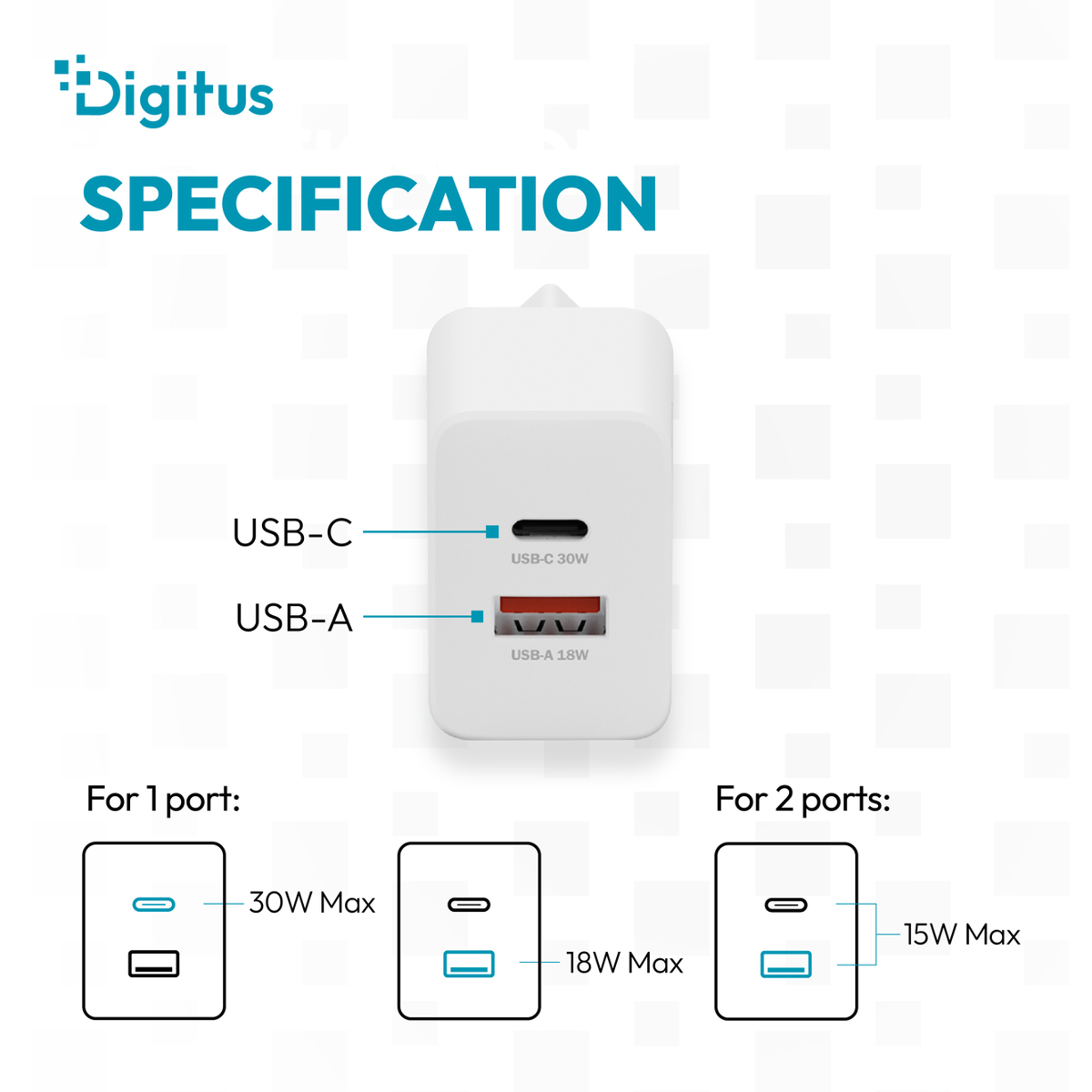 Digitus Ladegerät Spezifikationen: USB-C 30W, USB-A 18W. 1-Port: 30W oder 18W. 2-Ports: 15W.