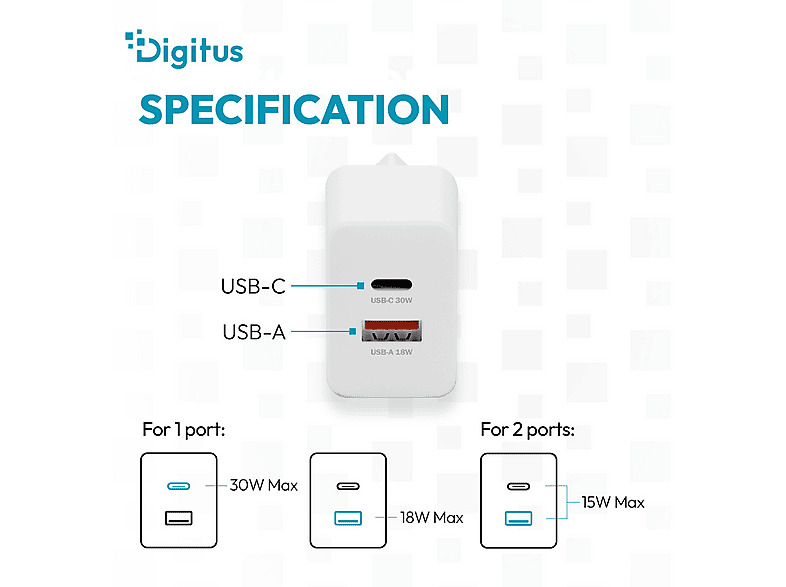 DIGITUS USB-GaN-Ladegerät 30W, 1x USB-C, 1x USB-A, Weiß; USB-Ladegerät----USB-Ladegerät — Foto 5 von 5