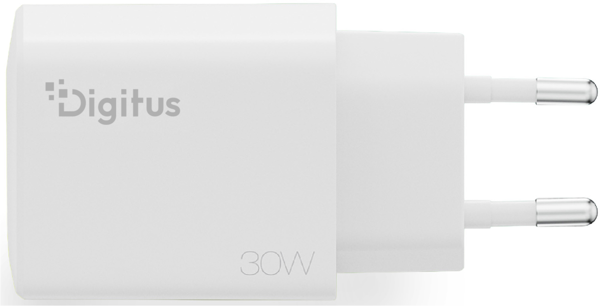 Ein weißer 30W Digitus Netzstecker mit zwei silbernen Pins.