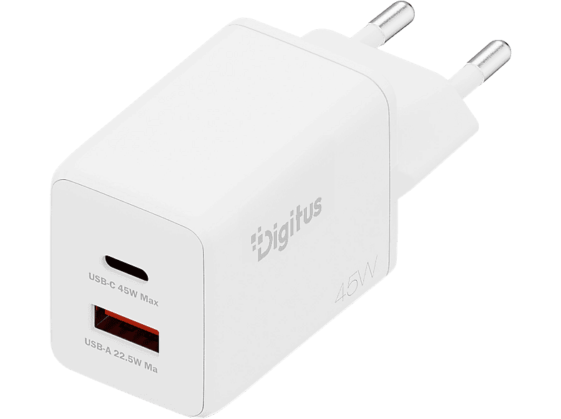 DIGITUS USB-GaN-Ladegerät 45W, 1x USB-C, 1x USB-A, Weiß; USB-Ladegerät----USB-Ladegerät