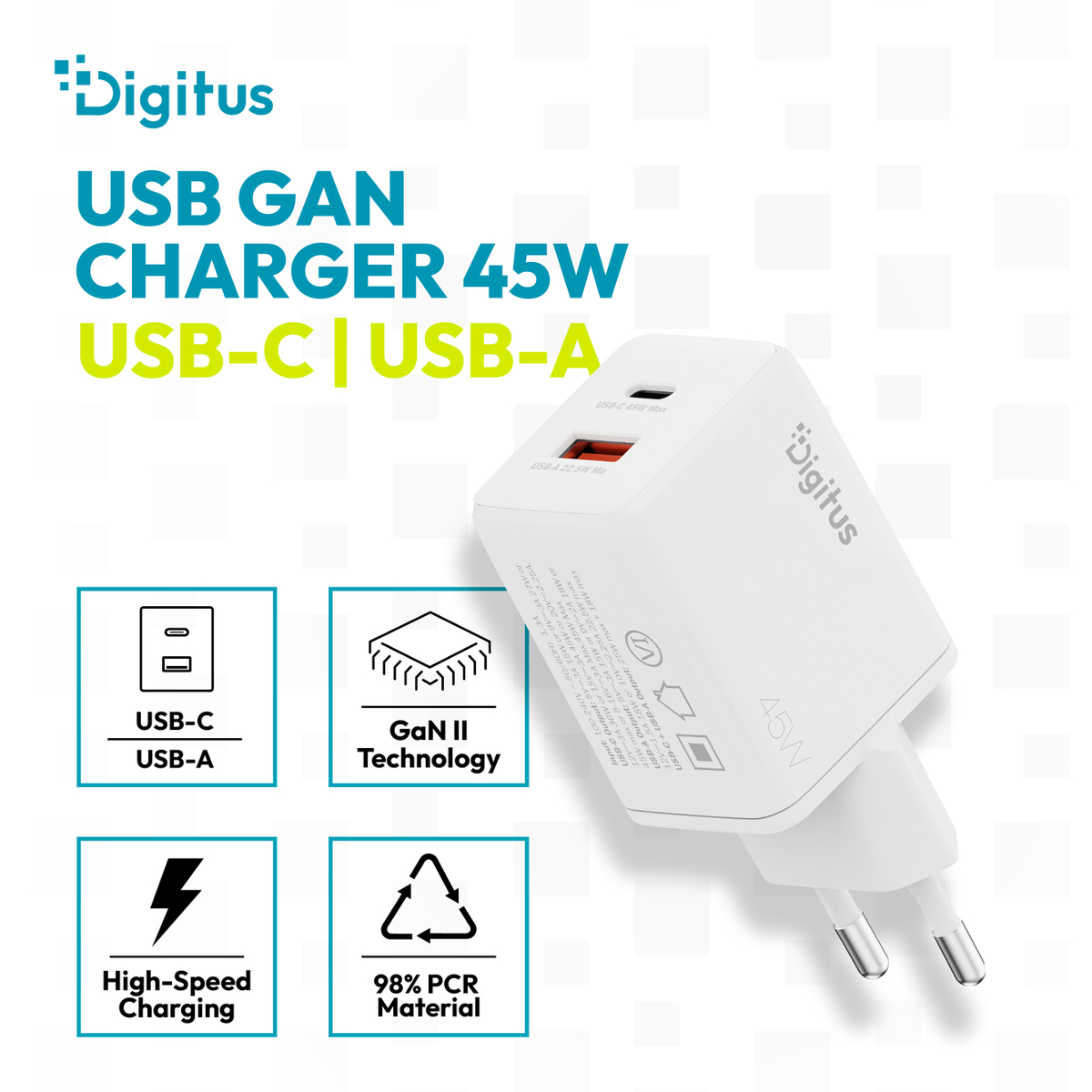 Weißer 45W USB-GAN-Ladegerät mit USB-C und USB-A Ports, GaN II Technologie.