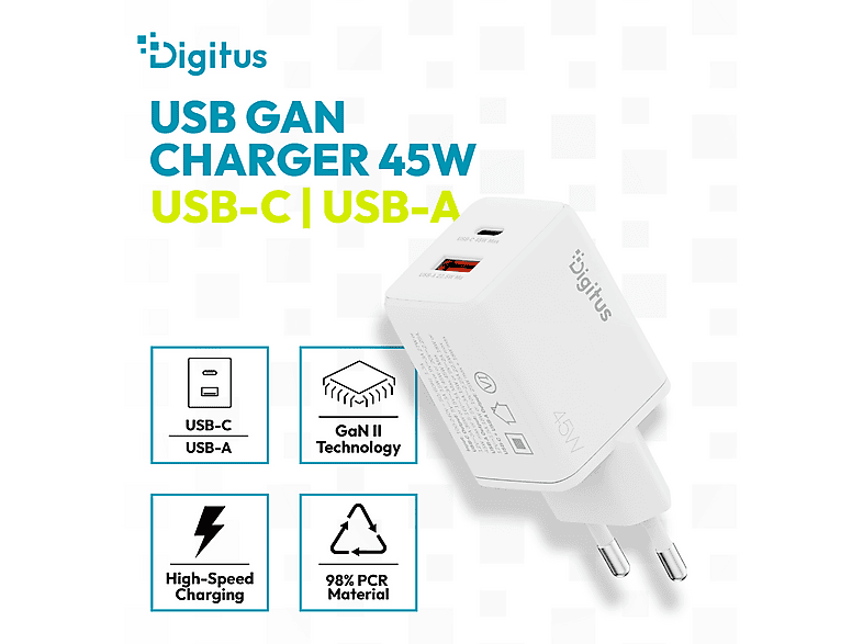 DIGITUS USB-GaN-Ladegerät 45W, 1x USB-C, 1x USB-A, Weiß; USB-Ladegerät----USB-Ladegerät — Foto 2 von 5