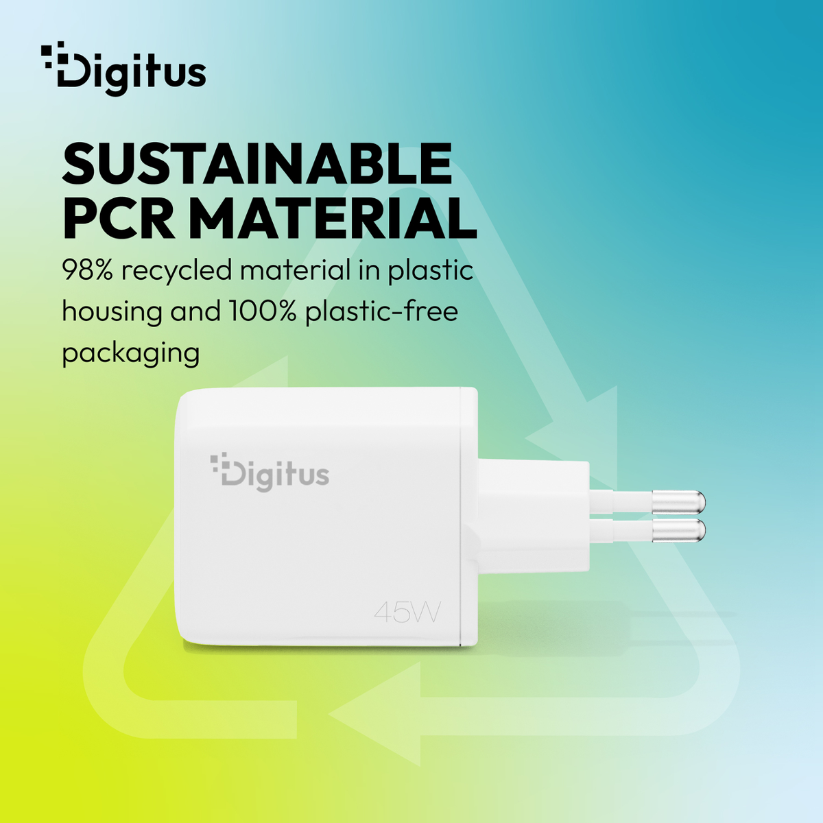 Ein weißer Digituss 45W USB-C-Ladegerät mit nachhaltigem PCR-Material.