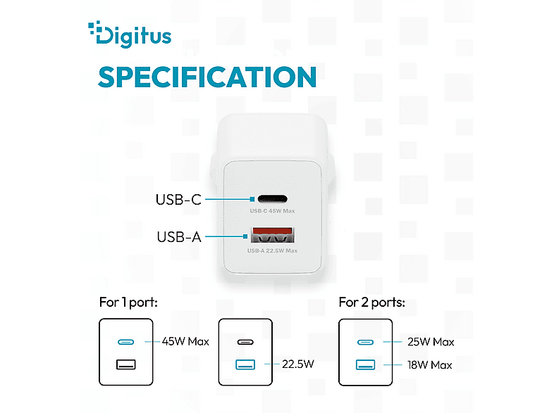 DIGITUS USB-GaN-Ladegerät 45W, 1x USB-C, 1x USB-A, Weiß; USB-Ladegerät----USB-Ladegerät — Foto 5 von 5