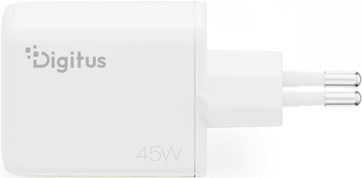 Ein weißer 45W Digitus Netzstecker mit zwei Metallstiften.
