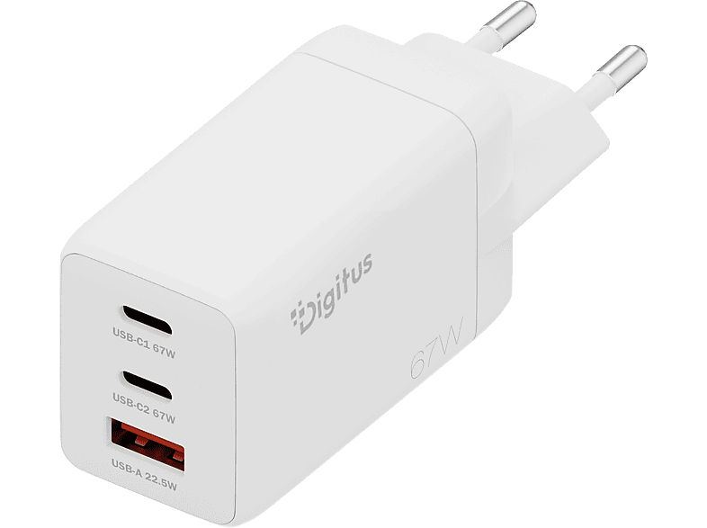 DIGITUS USB-GaN-Ladegerät 67W, 2x USB-C, 1x USB-A, Weiß; USB-Ladegerät----USB-Ladegerät