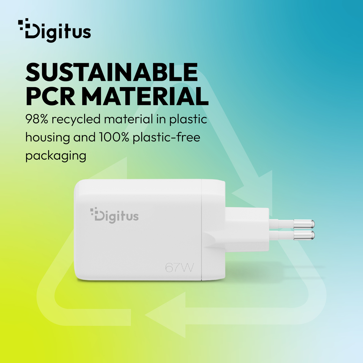 Ein weißes Digitus Ladegerät mit 67W, das aus nachhaltigem PCR-Material besteht.