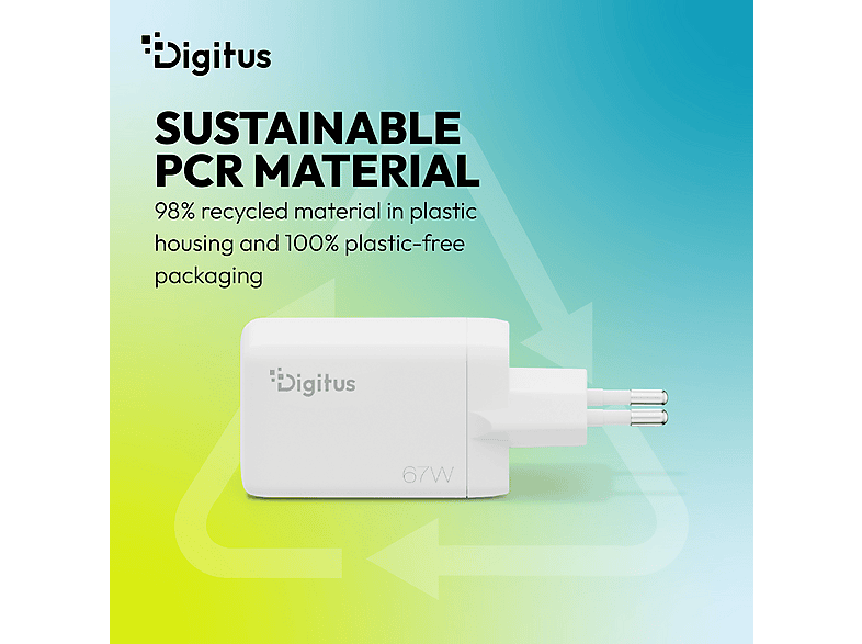 DIGITUS USB-GaN-Ladegerät 67W, 2x USB-C, 1x USB-A, Weiß; USB-Ladegerät----USB-Ladegerät — Foto 2 von 5