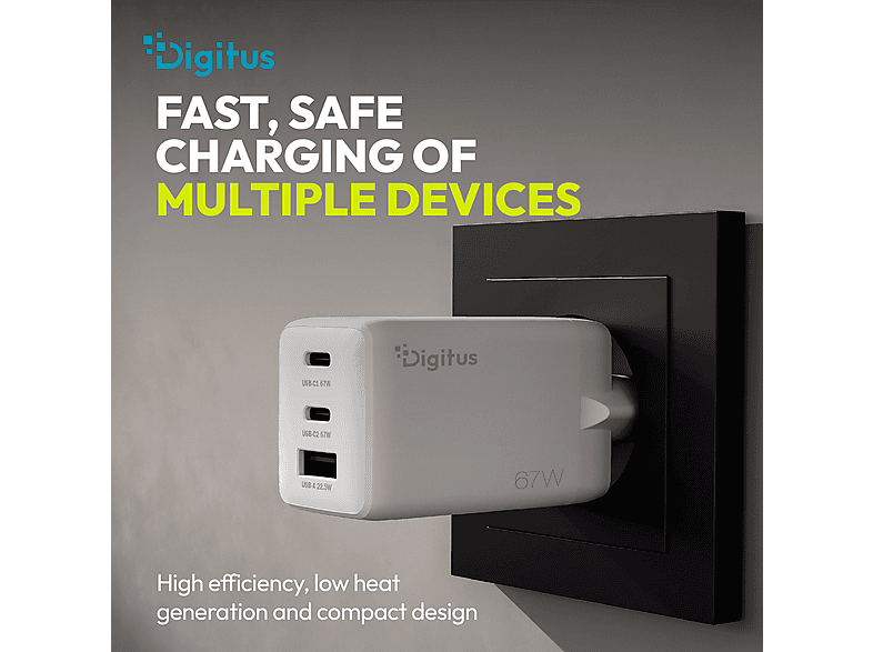 DIGITUS USB-GaN-Ladegerät 67W, 2x USB-C, 1x USB-A, Weiß; USB-Ladegerät----USB-Ladegerät — Foto 3 von 5