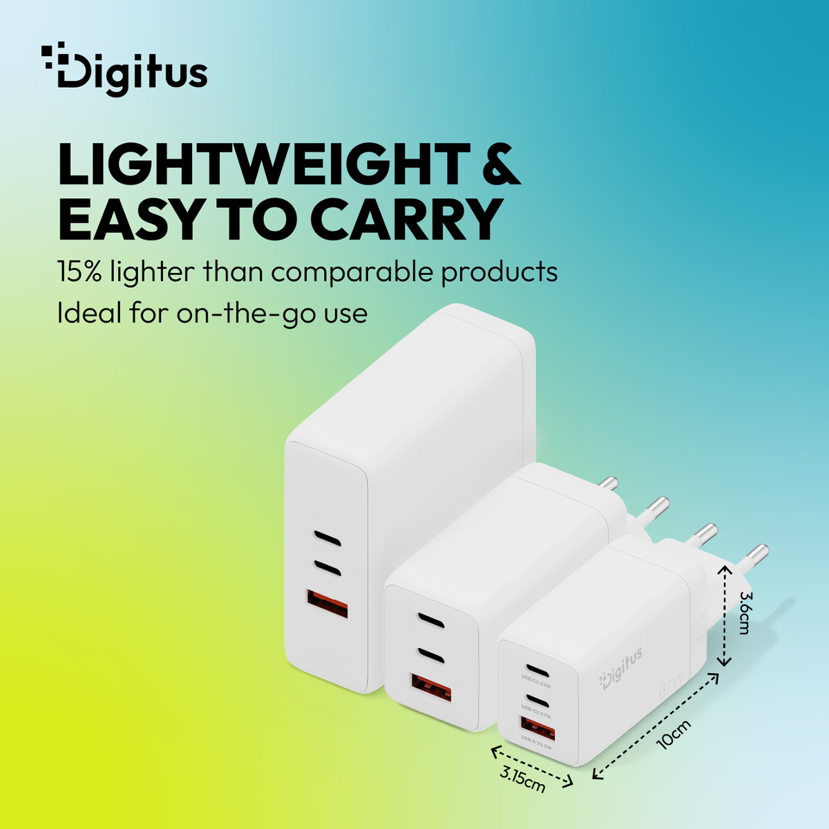 Drei weiße Digitus Ladegeräte in verschiedenen Größen mit USB-Anschlüssen.