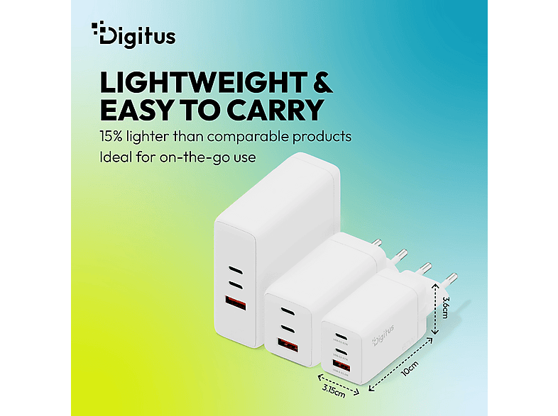 DIGITUS USB-GaN-Ladegerät 67W, 2x USB-C, 1x USB-A, Weiß; USB-Ladegerät----USB-Ladegerät — Foto 4 von 5