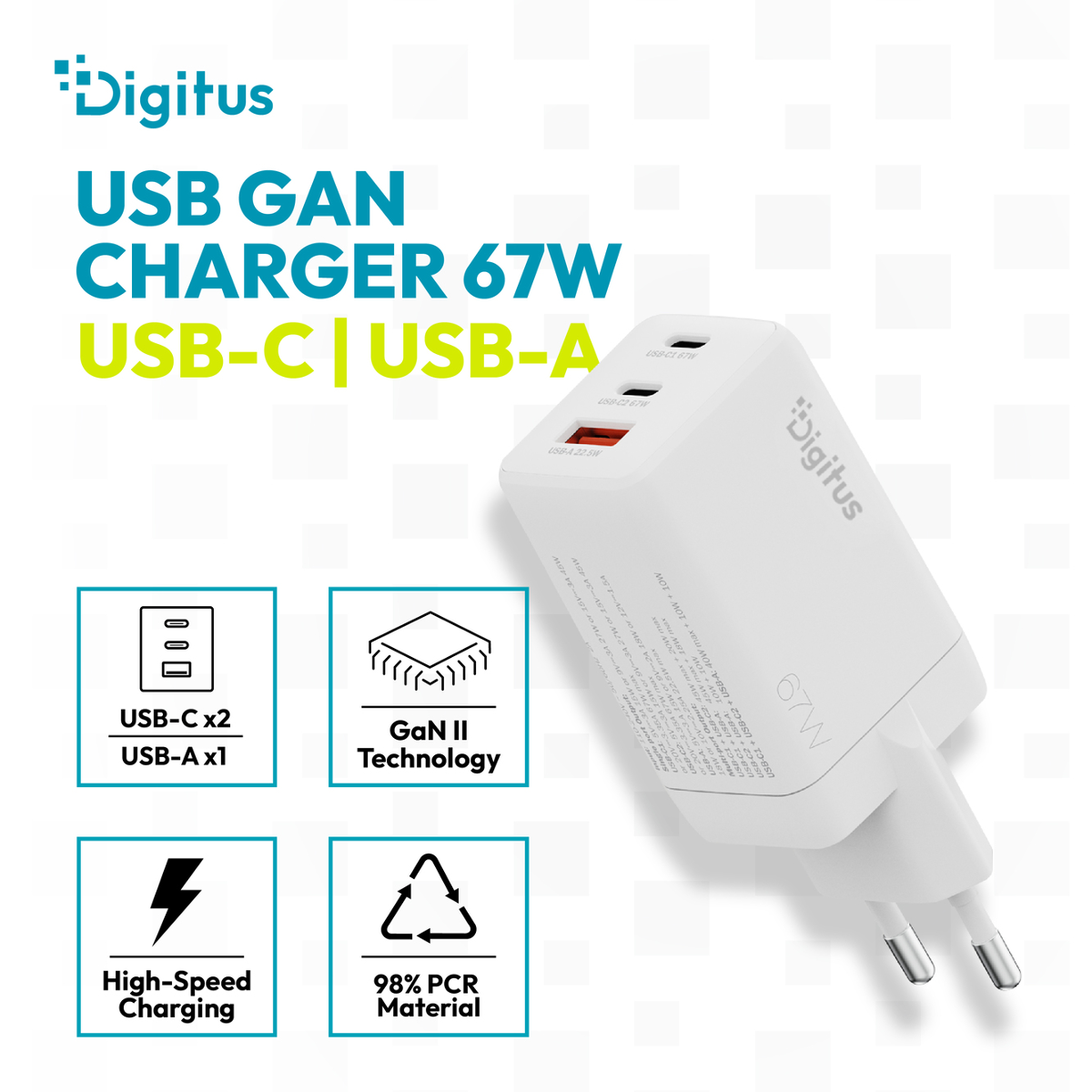 Weißes Digitus GaN II 67W Ladegerät mit 2x USB-C und 1x USB-A. Unterstützt schnelles Laden.