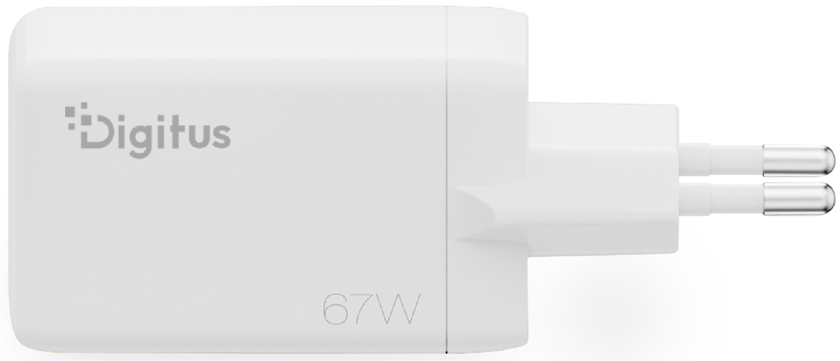 Weißer 67-W-Netzadapter mit Digitus-Logo und zwei silbernen Stiften.