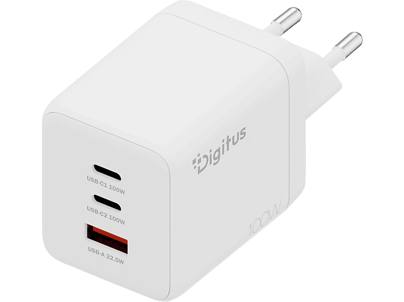 DIGITUS USB-GaN-Ladegerät 100W, 2x USB-C, 1x USB-A, Weiß; USB-Ladegerät----USB-Ladegerät