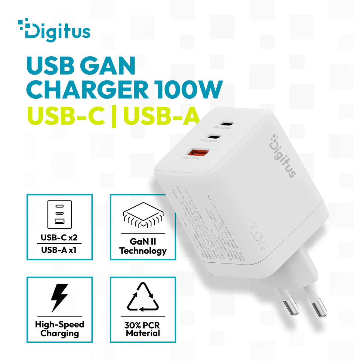 Weißes Digitus 100W USB-C/USB-A Ladegerät mit 2 USB-C, 1 USB-A Port.