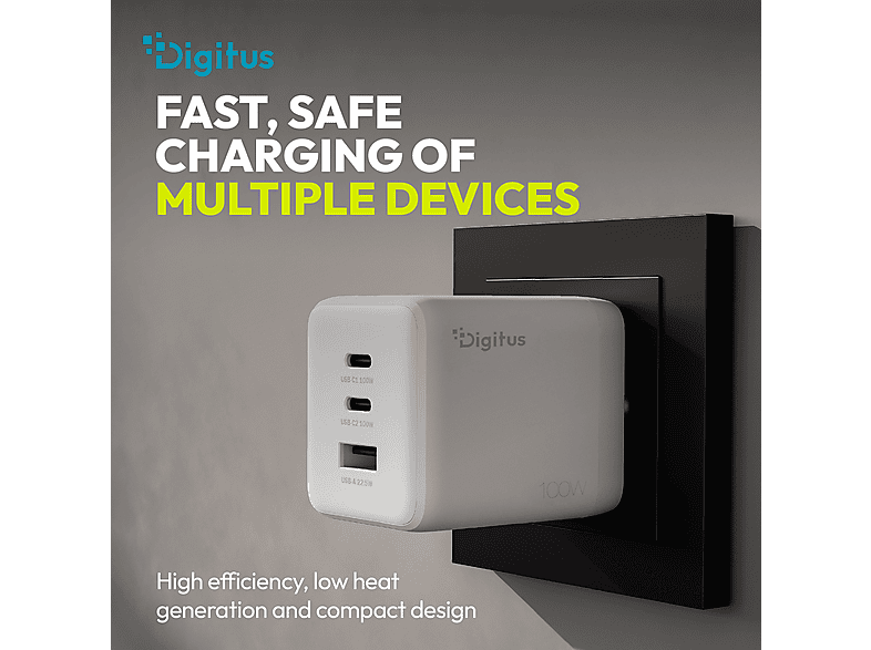 DIGITUS USB-GaN-Ladegerät 100W, 2x USB-C, 1x USB-A, Weiß; USB-Ladegerät----USB-Ladegerät — Foto 5 von 5