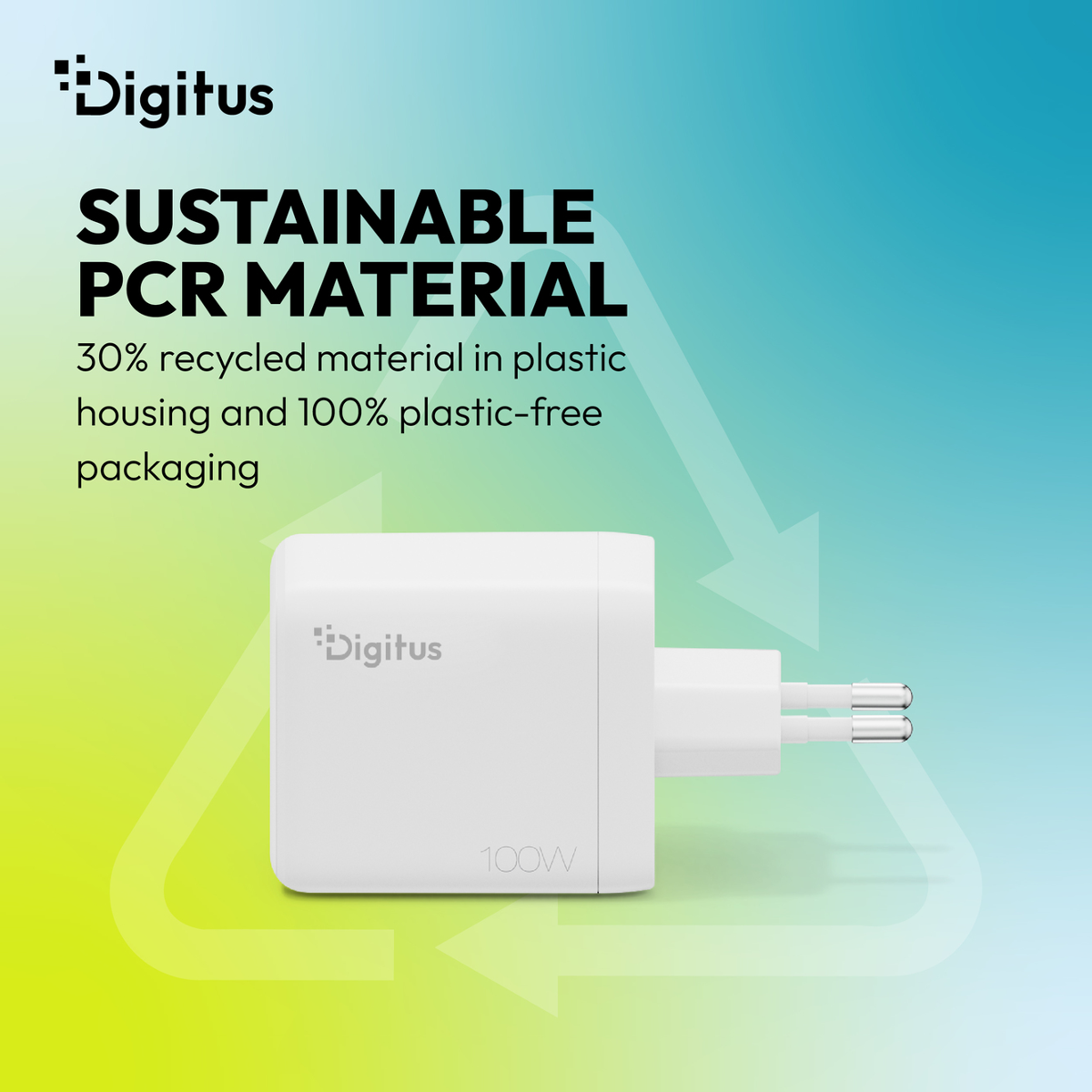 Weißer 100W Digitus Ladestecker aus 30% recyceltem Material.