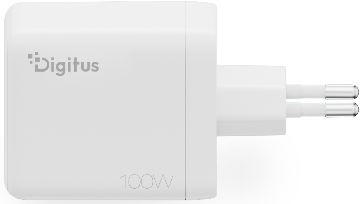 Weißer 100W Netzstecker mit Digitus-Logo und zwei silbernen Stiften.