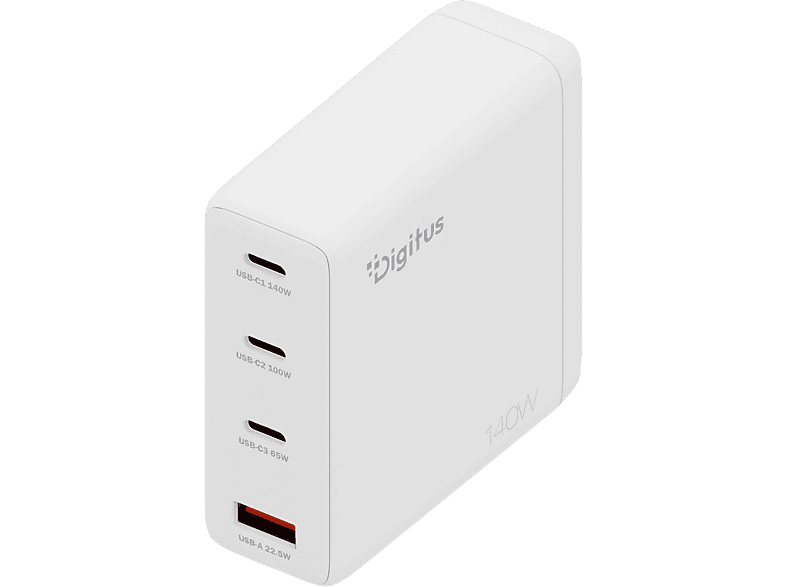 DIGITUS USB-GaN-Ladegerät 140W, 3x USB-C, 1x USB-A, Weiß; USB-Ladegerät----USB-Ladegerät