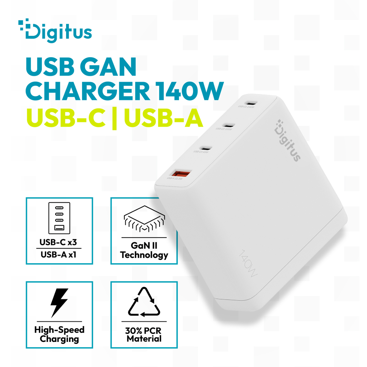 Ein weißes Digitus 140W USB-C/USB-A GaN-Ladegerät mit drei USB-C- und einem USB-A-Anschluss.