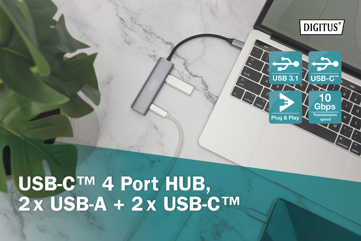 Grauer USB-C 4-Port-Hub mit 2x USB-A und 2x USB-C an einem Laptop.