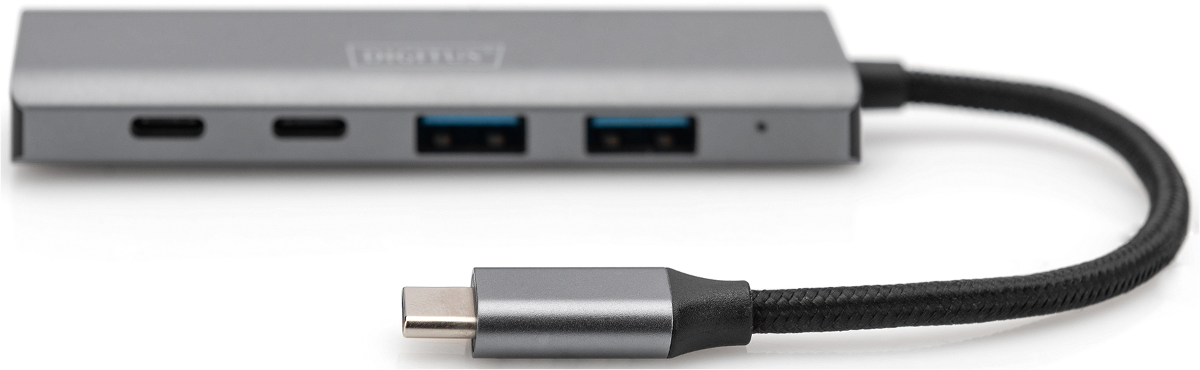 Grauer USB-C-Hub mit zwei USB-A-Anschlüssen und zwei USB-C-Anschlüssen.