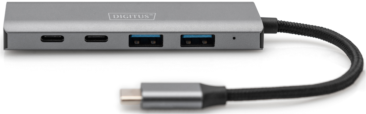 Grauer USB-C-Hub mit zwei USB-A-Anschlüssen und zwei USB-C-Anschlüssen.