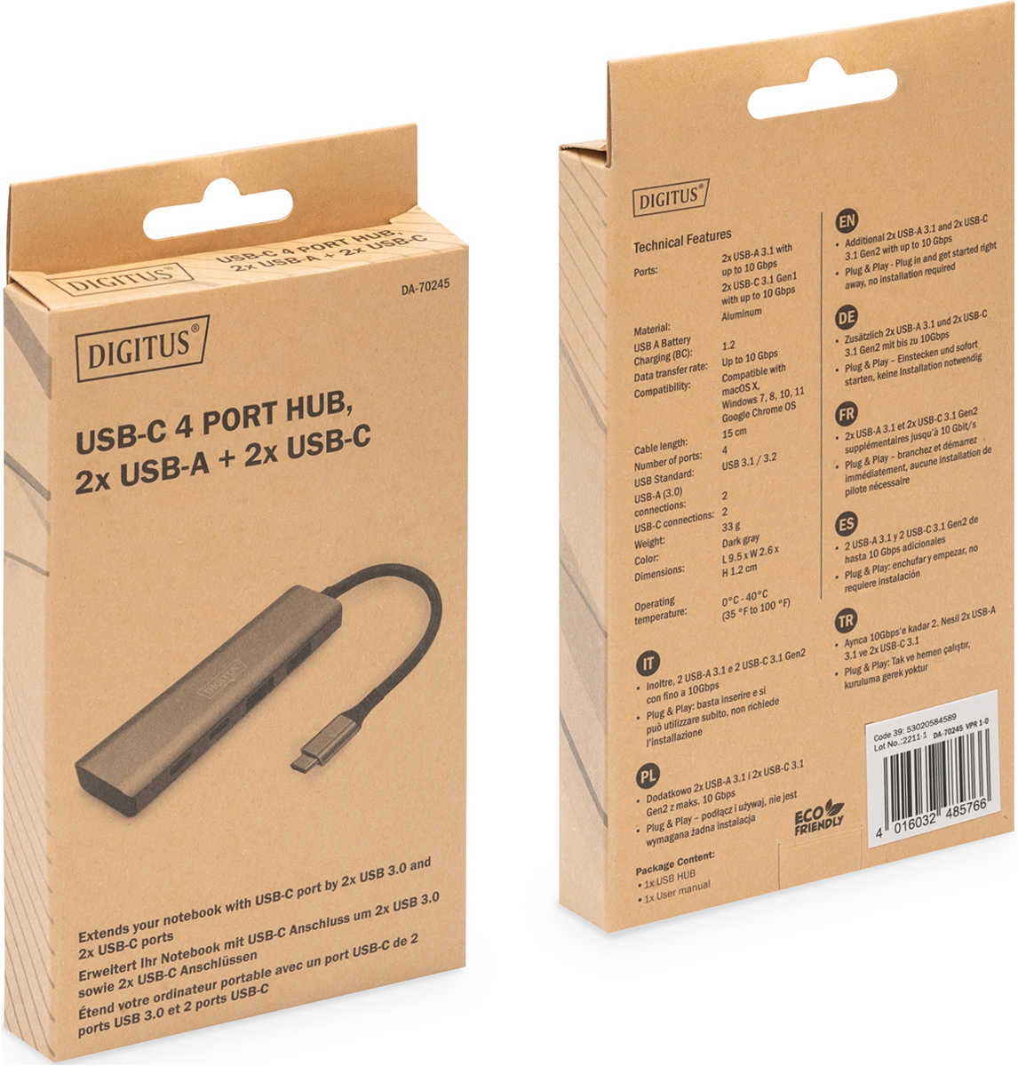 Grauer USB-C Hub mit zwei USB-A und zwei USB-C Anschlüssen, mit Kabel.