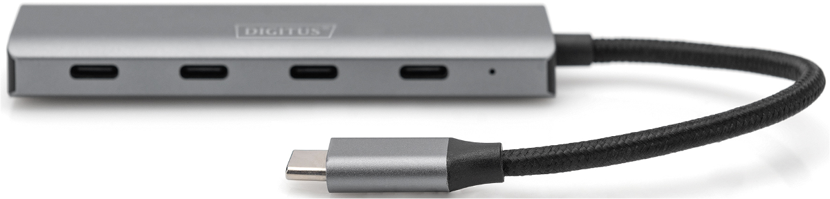 Grauer USB-C-Hub mit mehreren Anschlüssen und einem geflochtenen Kabel.