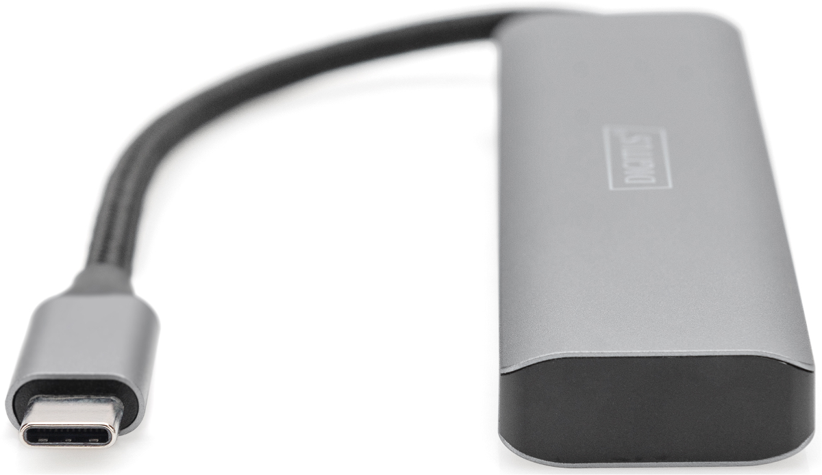 Graues USB-C-Kabel mit einem Dongle, auf weißem Hintergrund.