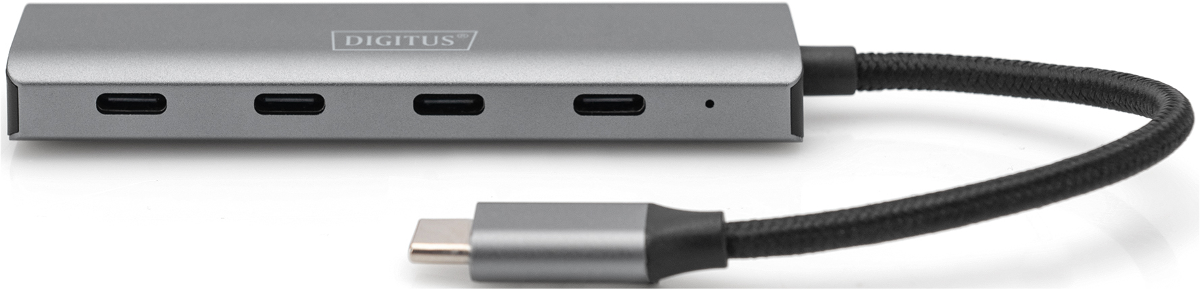 Grauer USB-C-Hub mit vier Anschlüssen und einem Kabel.